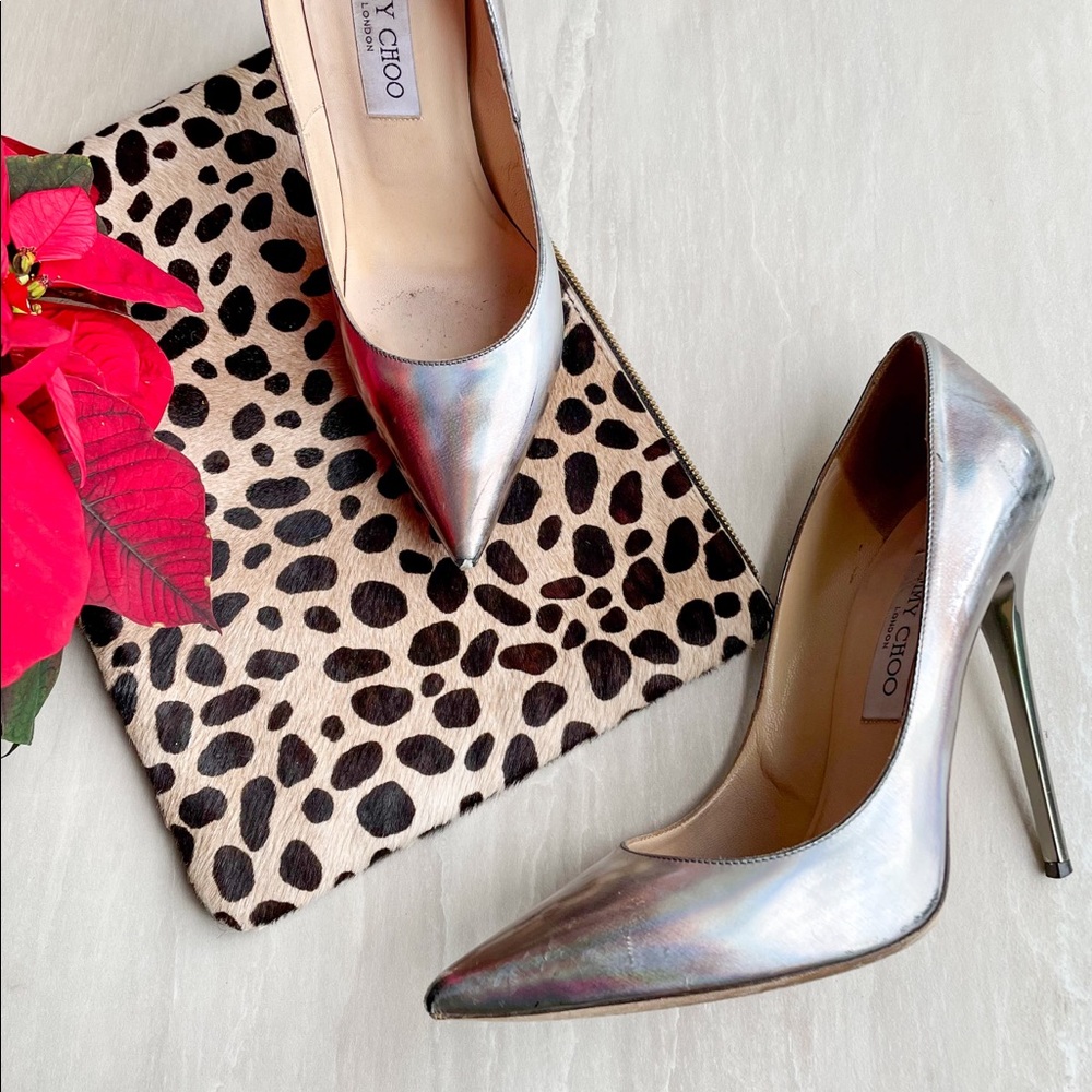Jimmy Choo Silver Holigraphic Mirror Anouk leather  pumps